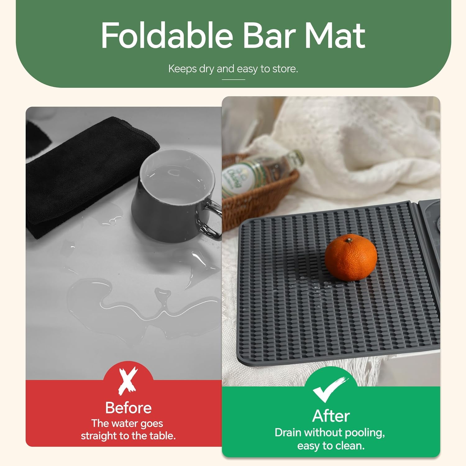 RGHJAR-Bar Mat, Bar Accessories, Multifunctional Folding Cocktail Mat with Cutting Board, 18" X 12"(Gray) Drying Mats,Bar Mat for Countertops,Bar Decorations for Home, Outdoor Bar Accessories,Travel