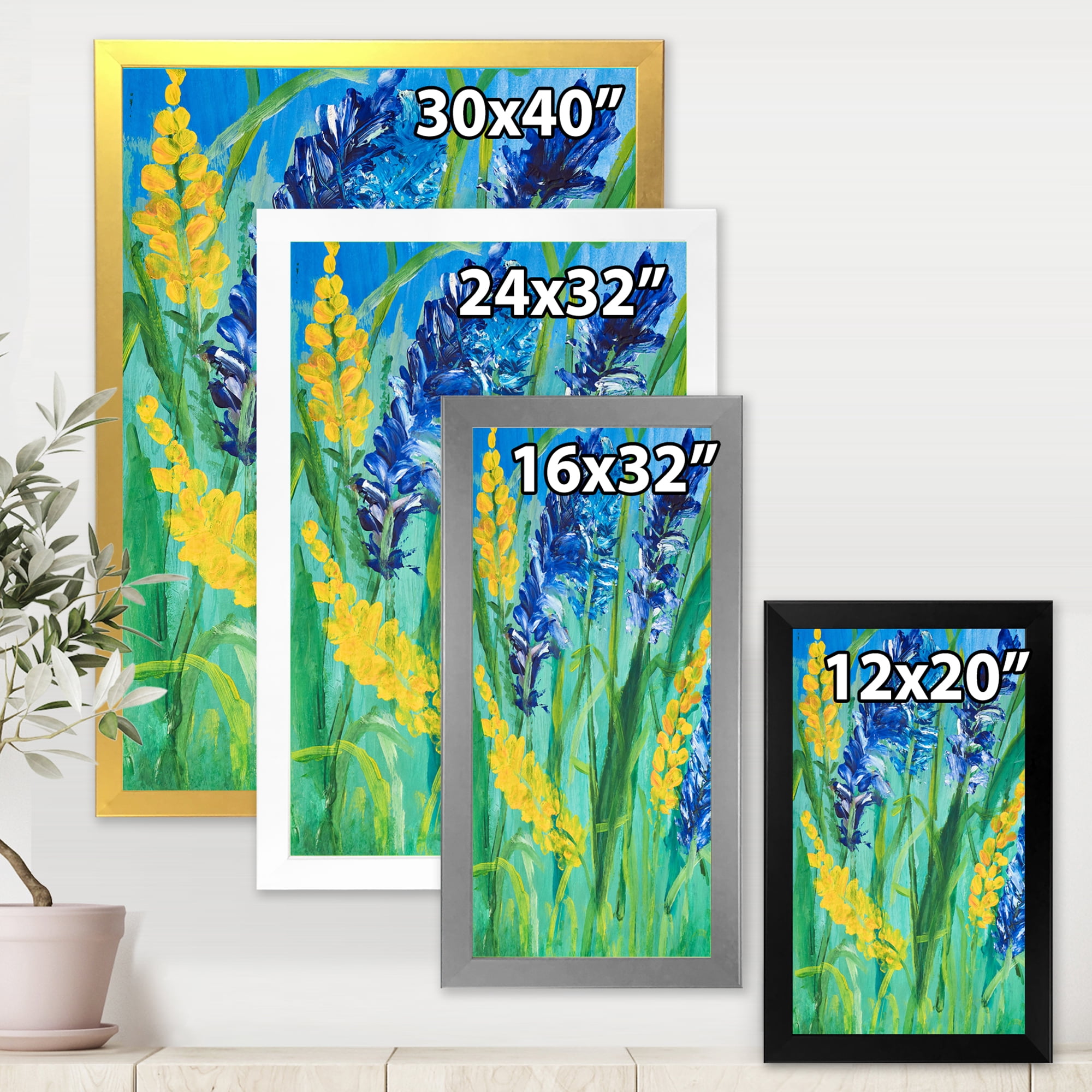 Designart 'Yellow and Blue Wild Flowers and Grass Gouache' Traditional Framed Art Print