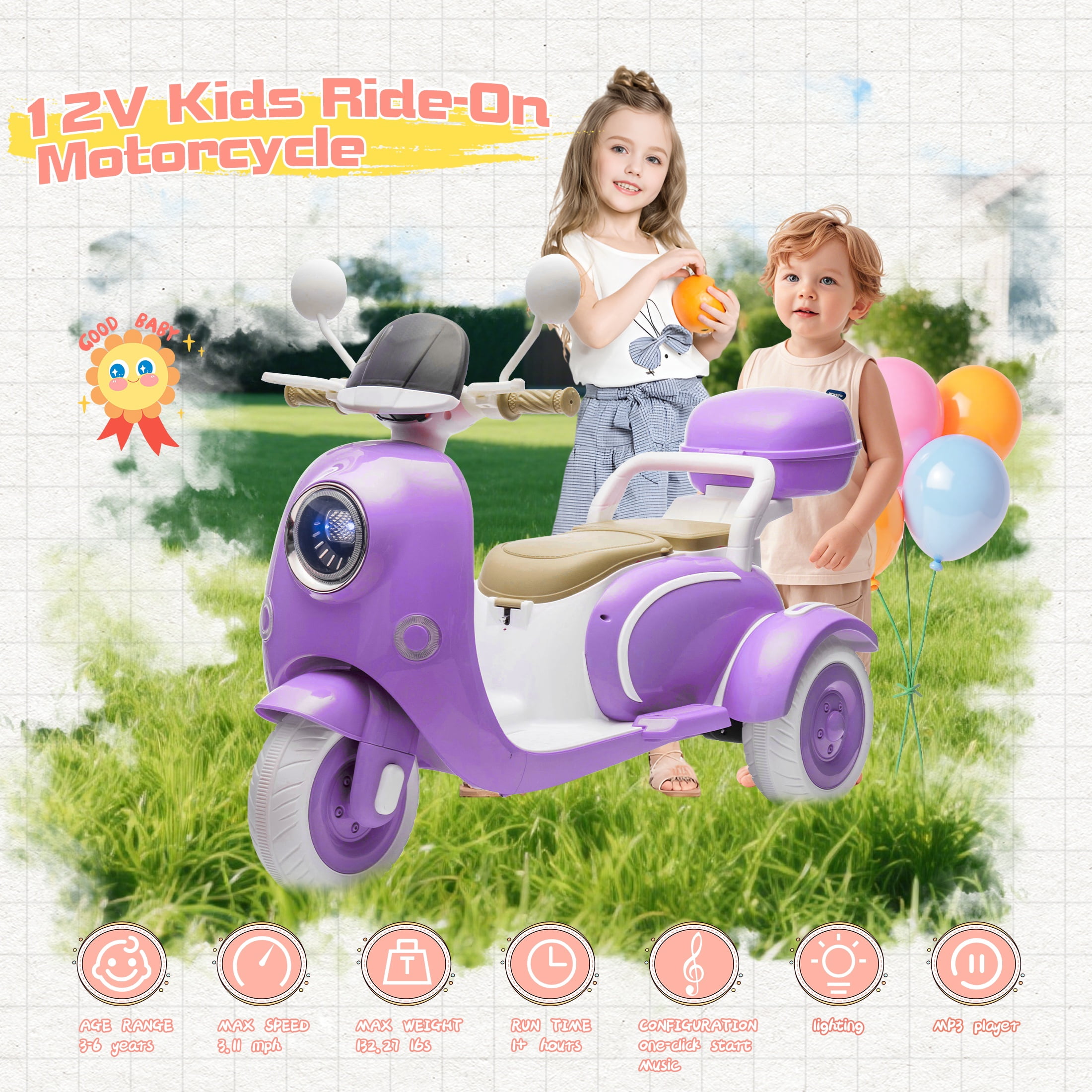Dvsripa 12V Kids Electric Motorcycle,2 Seater Ride on 3 Wheel Scooter with 2.4G Parental Remote Control,USB,Music,Horn,Light,Big Storage Box,Dual Motor Electric Moped for Kids 3+,Purple