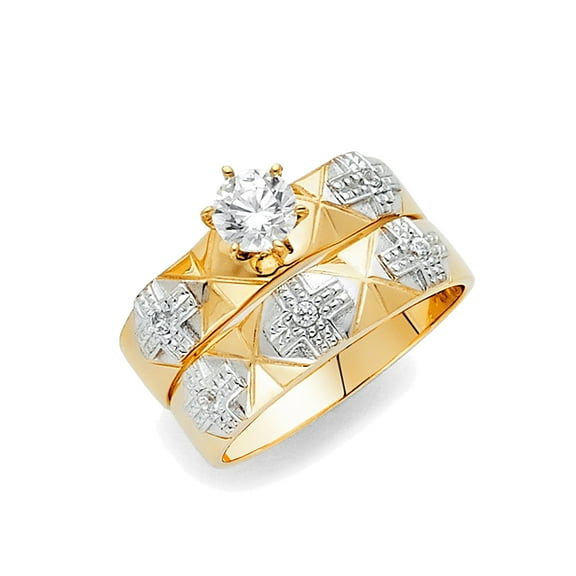 Wellingsale Ladies Solid 14k Two 2 Tone White and Yellow Gold Polished CZ Cubic Zirconia Round Cut Engagement Ring and "Cross" Wedding Band Bridal Set - Size 4