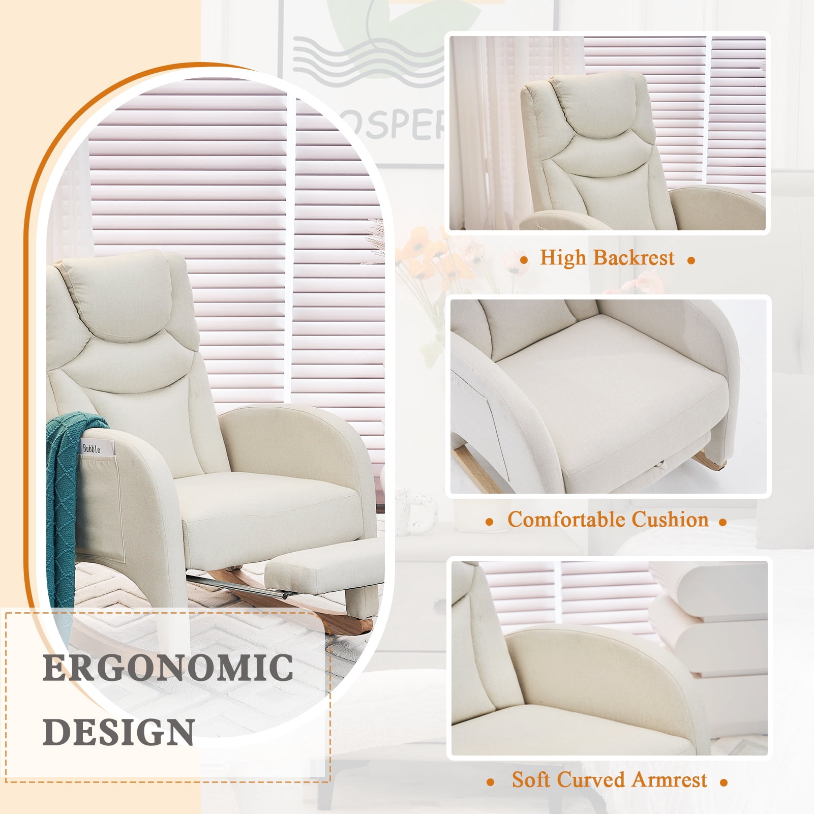 ALAKFORM Rocking Chair Nursery with Foot Rest,Cotton Linen Glider Rocker with Wood Legs, Nursing Rocking Chair Indoor for Living Room/Nursery,Beige