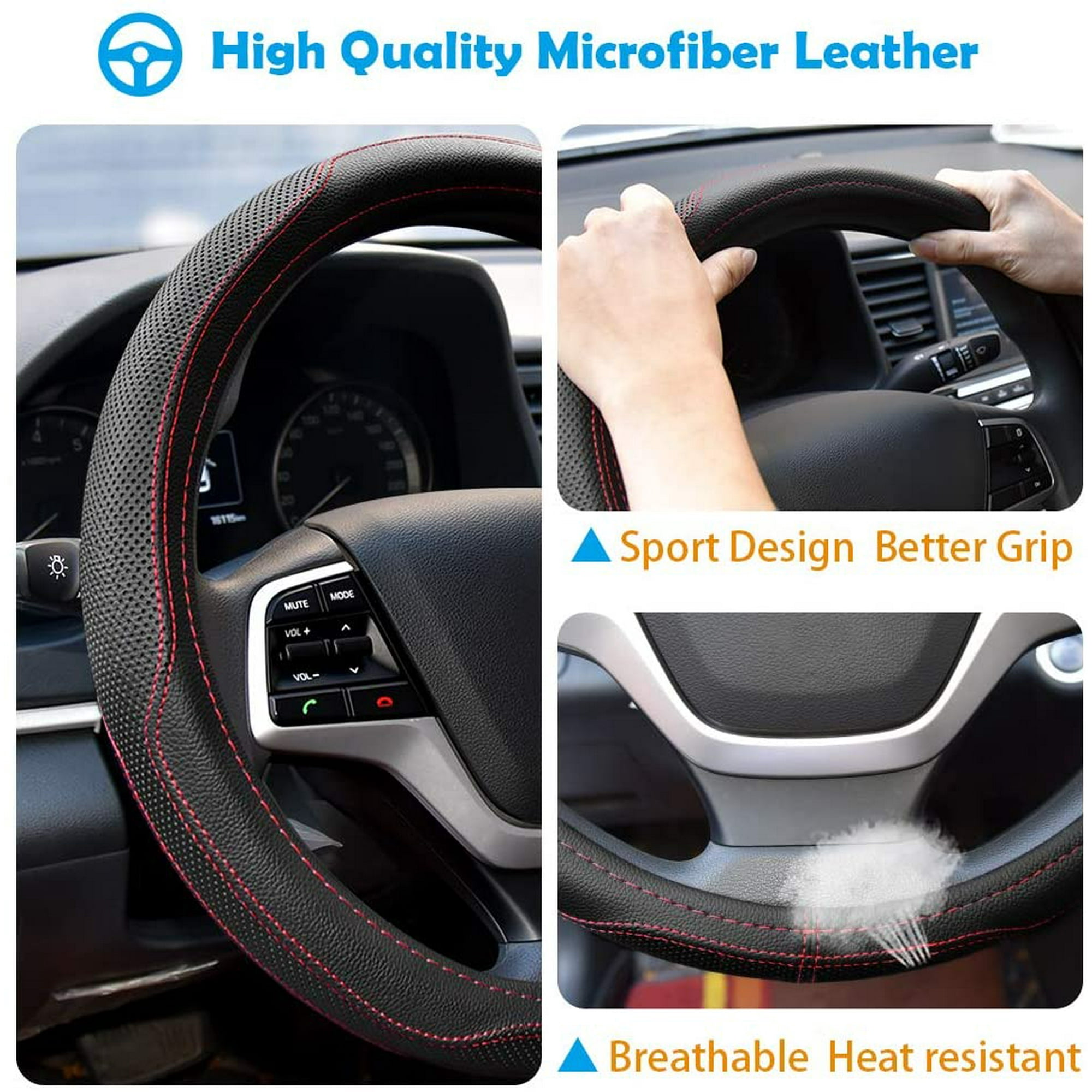 Microfiber Leather Car Steering Wheel Cover Universal 15 inch Breathable Anti Slip Auto Steering Wheel Covers Black and Red Walmart