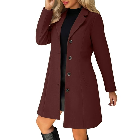Atogsazn Womens Wool Trench Coat Casual Winter Fleece Long Sleeve Coat Business Work Outerwear Tops Clothing Wine L Fashion