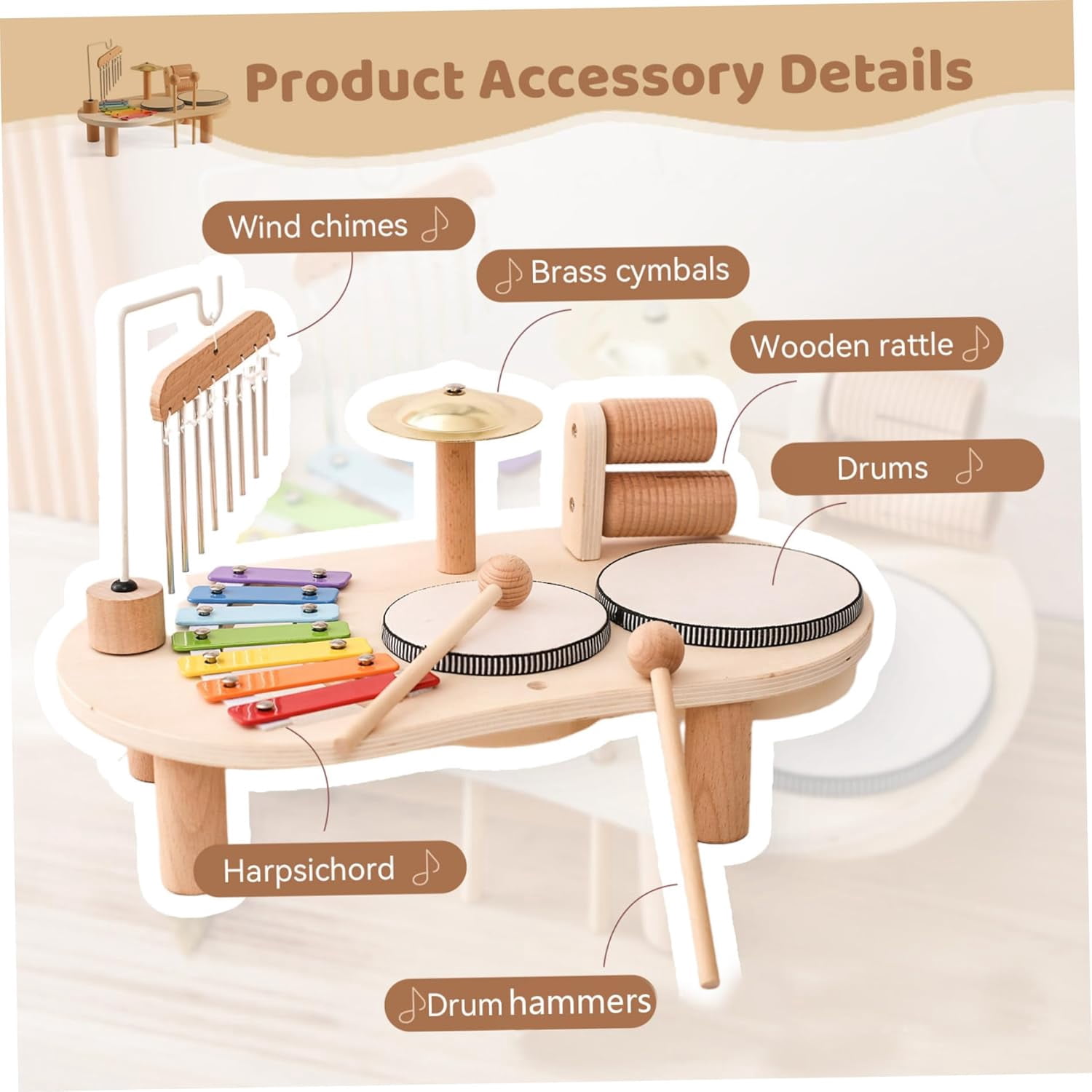 Kids Drum Set 5 in 1 Wooden Toddler Drum Set Educational Kids Musical Instruments Baby Safe Enlightening Percussion Instruments for Birthday (1Set)