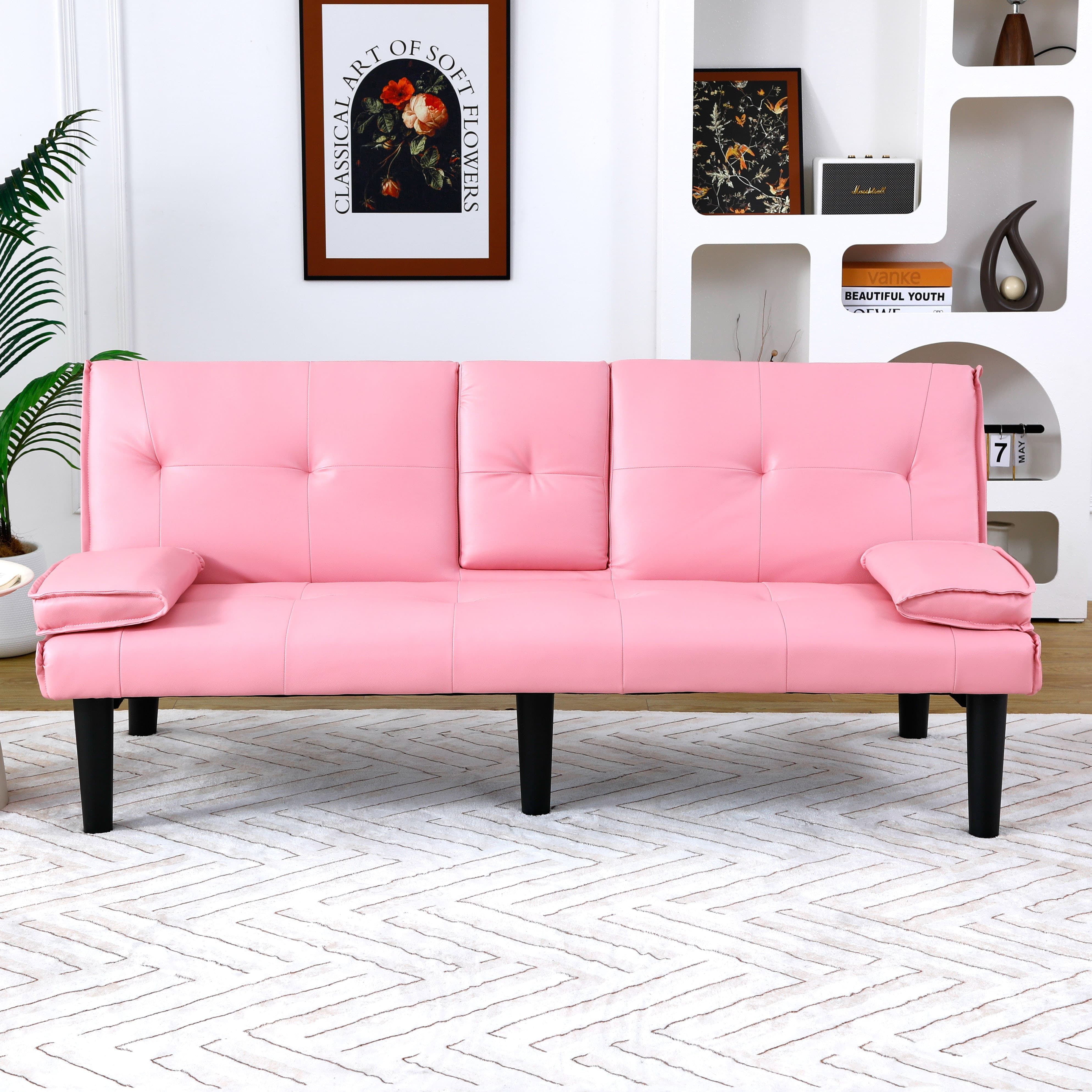 MAYEERTY 67" Convertible Sofa Bed PVC Loveseat Sofa with Cup Holder for Apartment, Living Room, Small Space, Pink