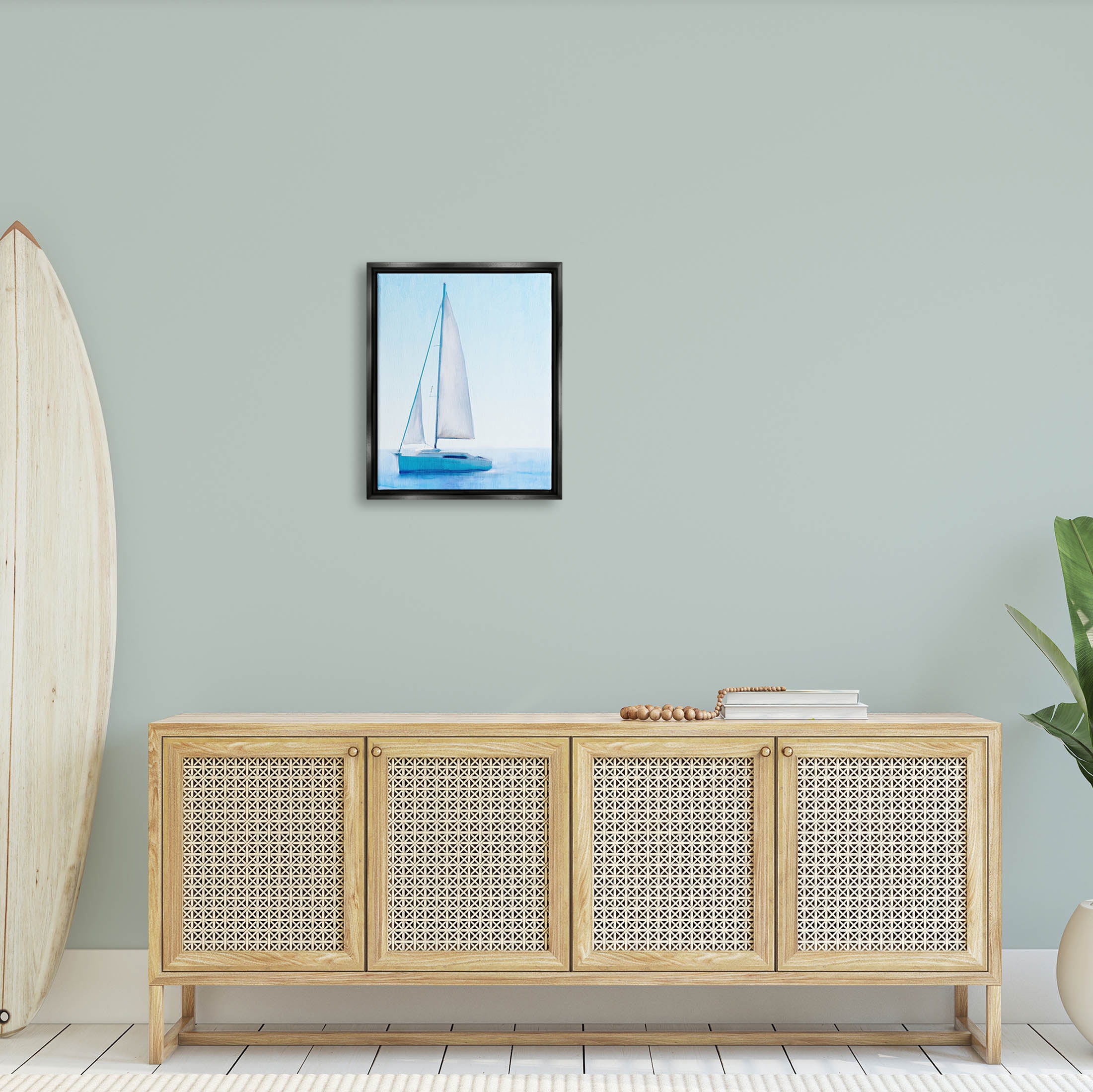 Stupell Industries Sailboat Drifting Blue Ocean Sky Graphic Art Jet Black Floating Framed Canvas Print Wall Art, Design by Kim Allen