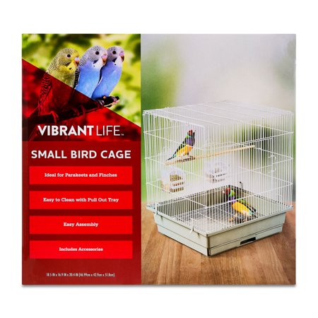 VIBRANT LIFE SMALL BIRD CAGE WITH PERCH, PLASTIC HOODED CUP & TRAY FOR PARAKEETS & FINCHES, WHITE