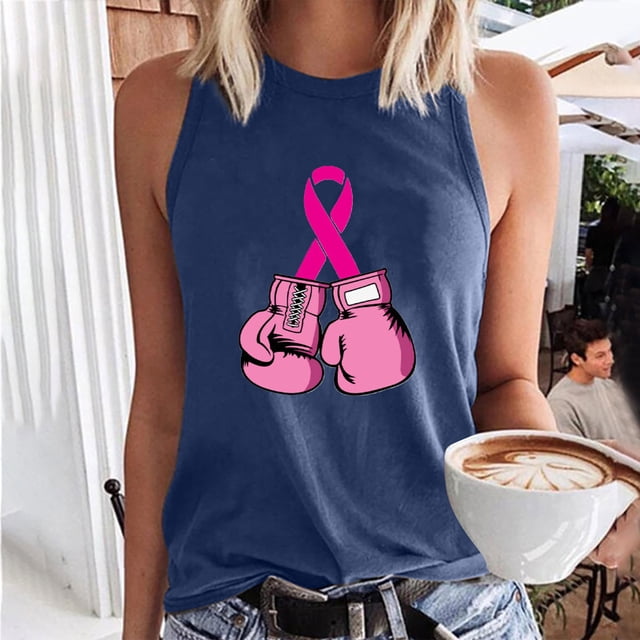 TIMIFIS Ruban contre le Cancer du Sein Débardeur Dos Nageur pour Femme Décontracté Sans Manches Imprimé Chemisiers à Col Rond pour Dames Hauts T-Shirt - Automne/hiver