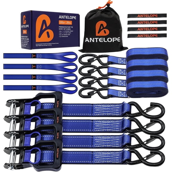 A ANTELOPE 4-Pack 15' Ratchet Tie-Down Straps, 2100LBS Break Strength, Rubber Handles & Coated Safety Lock S-Hooks, Includes 2 Bungee Cords for Truck, Motorcycle Cargo Securing, Blue