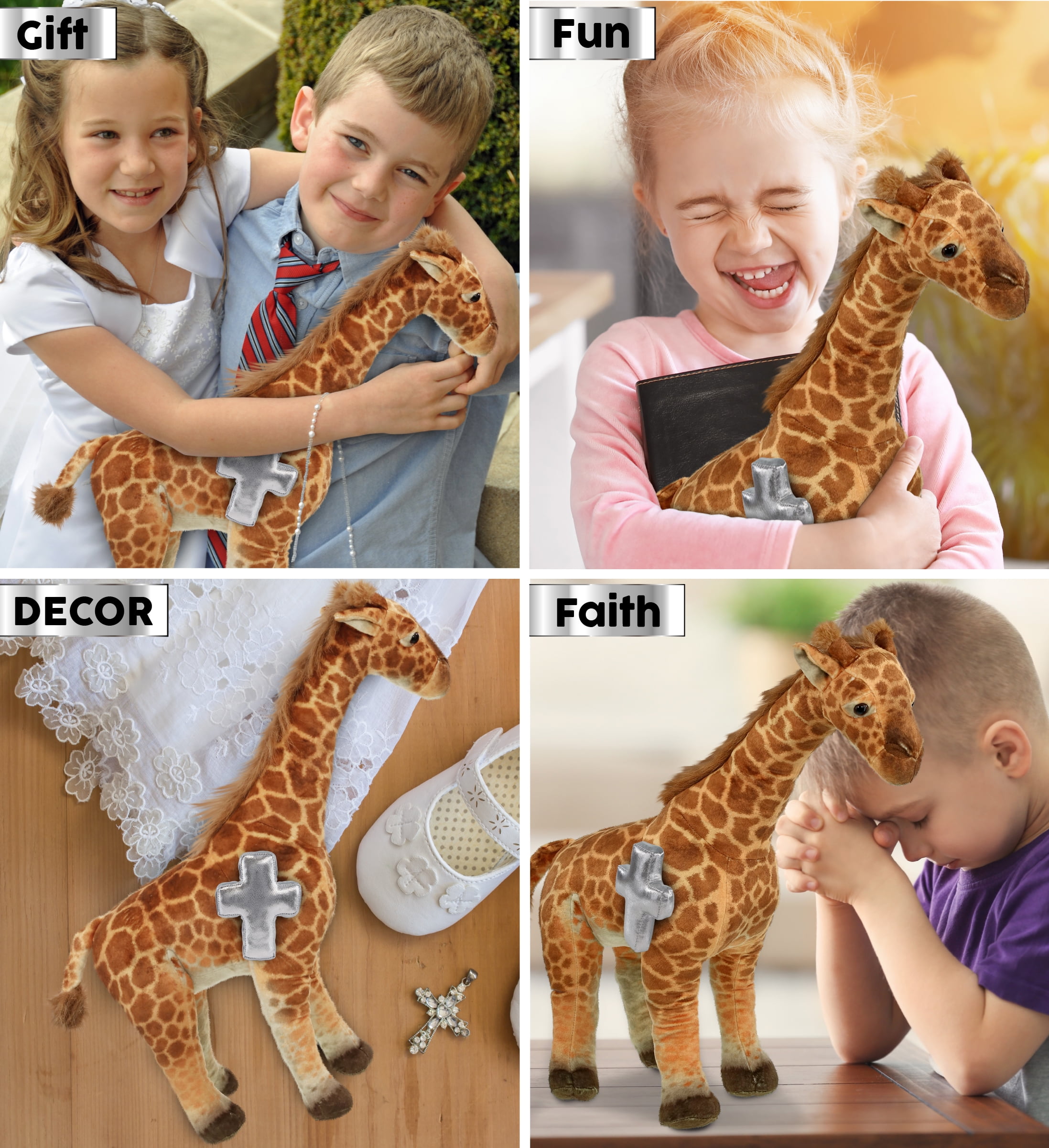 DolliBu Wild Collection Giraffe Stuffed Animal with Silver Cross Plush - Baptism Gifts for Boys and Girls, Dedication Christening Gifts Plush Prayer Toy Healing Stuffed Animal - 20 Inches