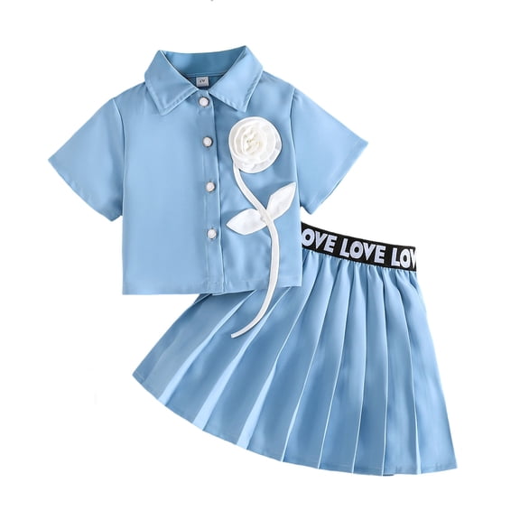 Kids Girls' 2 Piece Set Light Blue Short Sleeve Top & Pleated Skirt Outfit with Rose, Casual Party Dressy Clothes Soft Stretch,Size 7 T