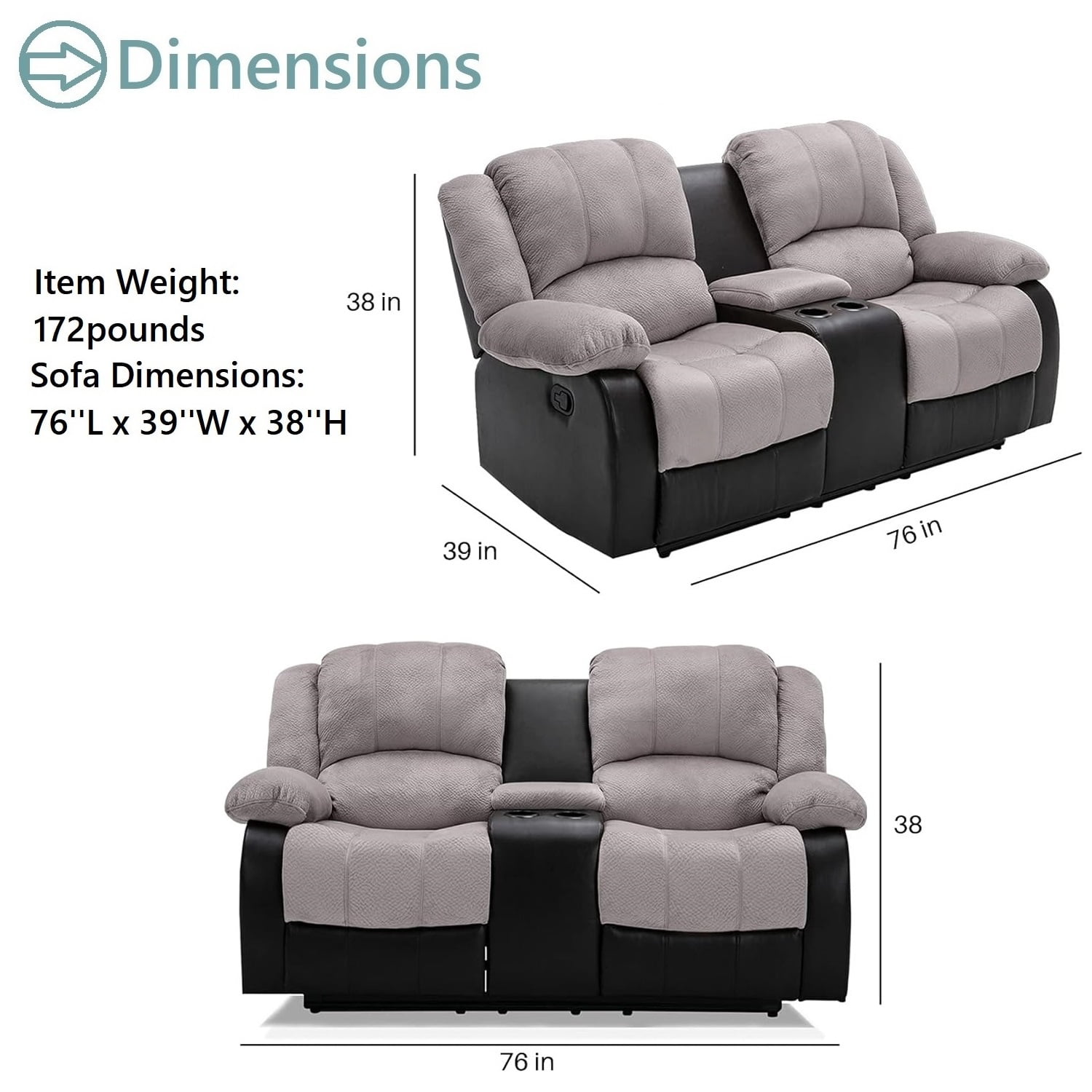 Nathaniel Home Manual Reclining Sofa, PU Leather Upholstered Double Recliner Loveseat, 2-Seater Home Theater Seating with Console, Arm Sofa Recline Chair for Living Room, Gray
