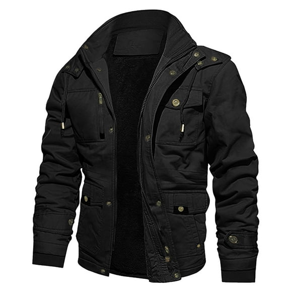 PEASKJP Men's Thick Winter Jackets with Hood Fleece Lining Cotton Military Jackets Work Jackets with Cargo Pockets Outwear(Black,XXL)