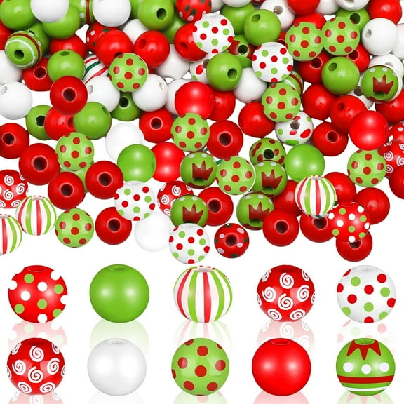 240 Pcs Christmas Wooden Beads Bulk for Crafts, Red and Lime Green Round Spacer Polka Dot Peppermint Swirl Beads for Jewelry Making DIY Garland Pen Holiday Xmas Tree Decor, 16mm, 9 Styles
