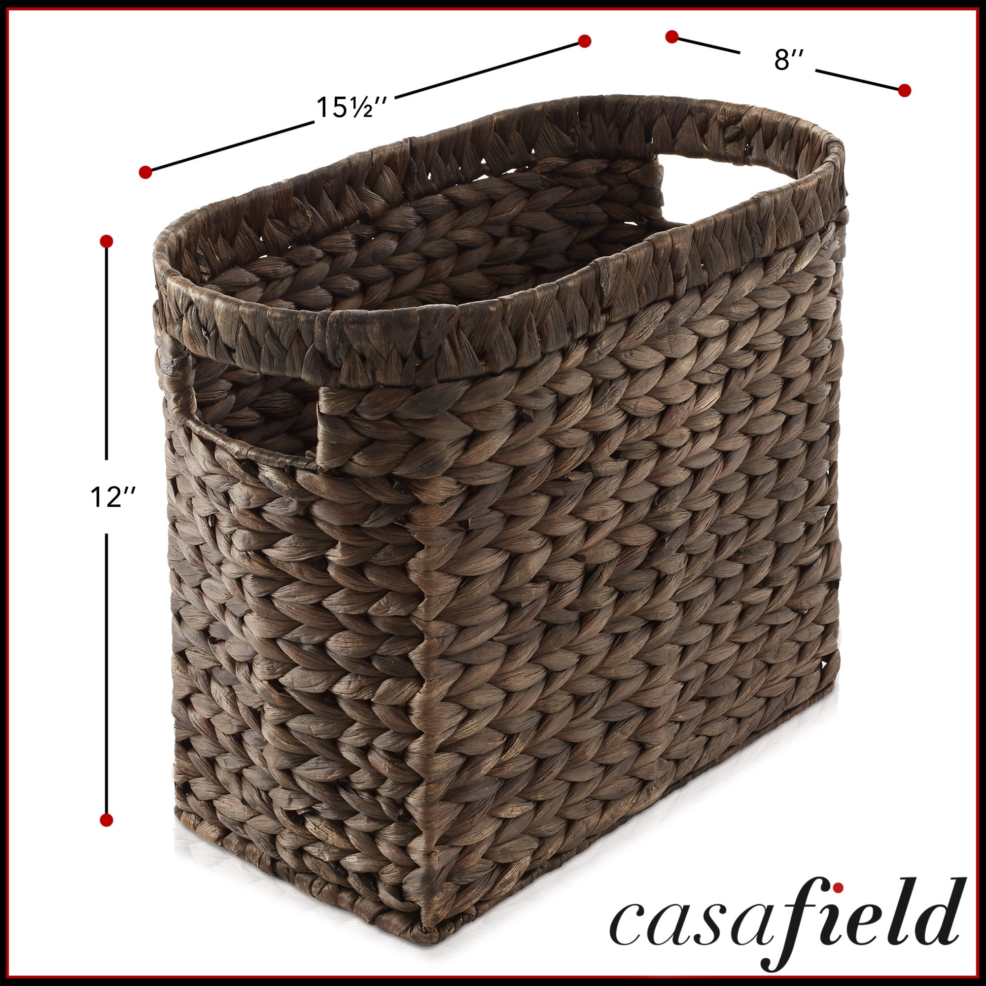 Casafield Magazine Holder Basket with Handles, Espresso Dark Brown - Oval Water Hyacinth Storage Bin for Bathroom, Home Office