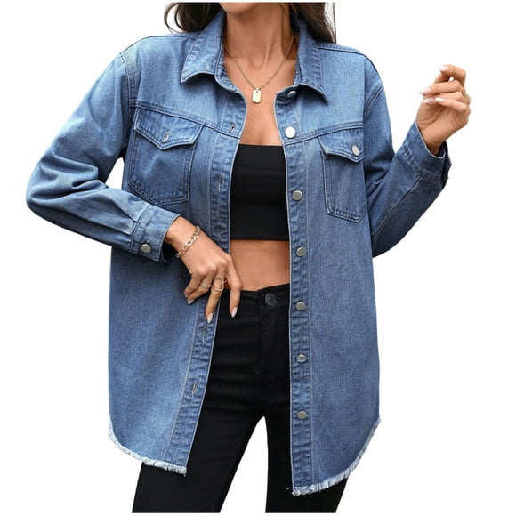 Women's Denim Jacket, Casual Fashion Solid Color Outerwear, Turndown Collar Long Sleeve Jean Jackets, Lightweight Spring Summer Coat for Daily Wear