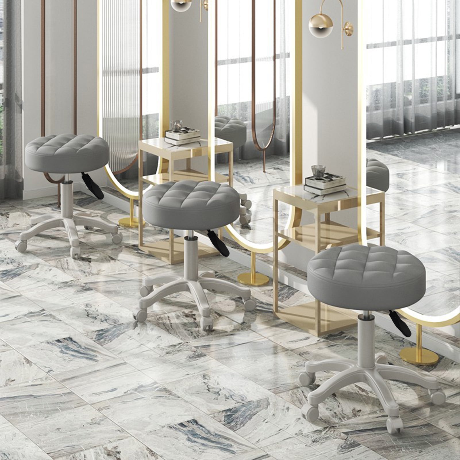 Fompes Round Rolling Stool Chair Faux Leather Height Adjustable Swivel Drafting Work SPA Shop Salon Stools with Wheels Small Chair Armless Backless SPA Salon Bar Cafe Home Office Stool (Gray)