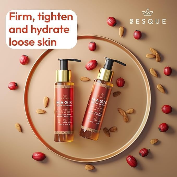 Besque Magic Body Oil, 3.4 FL OZ, After Shower Body Oil For Women, Hydrating Skin Care For Full Body That Plumps, Tightens, and Firms Skin With Natural Ingredients, Luxury Spa Gifts - Pack of 2