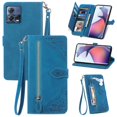 thumbnail image 1 of SaniMore Case for Motorola Moto S30 Pro 6.55" 2022, PU Leather Zipper Wallet Detachable Lanyard Retro Embossed Flower Crad Slots Flip Kickstand Full Body Protective Drop-proof Case, Blue, 1 of 8