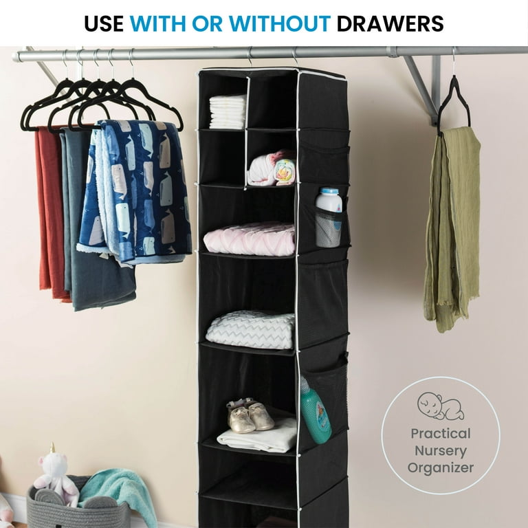 9 Shelf Hanging Closet Organizer with 5 Drawer Organizers, Baby Nursery  Closet, Diaper Caddy Organizer, Slotted Storage Baskets, Hanging Drawers,  Dorm