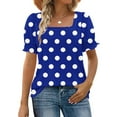 thumbnail image 2 of Wyobmus Summer Tops for Women Casual Ruffle Trim Sleeve Tops Loose Fit Polka Dot Print Short Sleeve Square Neck T Shirts Blue, 2 of 7