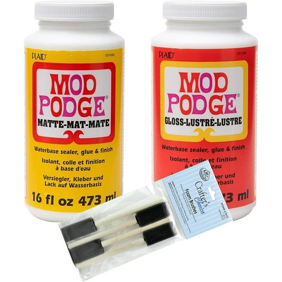 Mod Podge Complete Decoupage Kit-Two 16oz Bottles Waterbase Sealer/Glue Matte Gloss Finish with 4-pk Foam Brush Set, Clear