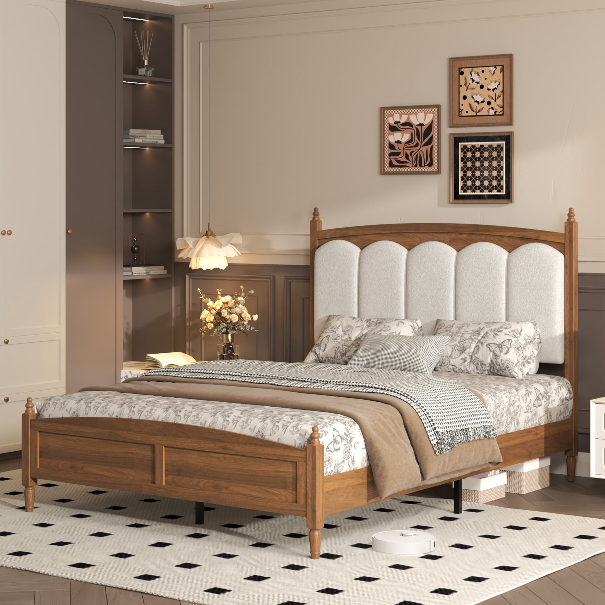 Euroco Queen Size Platform Bed with Upholstery Headboard, Vintage Mid Century Wood Bed, Brown
