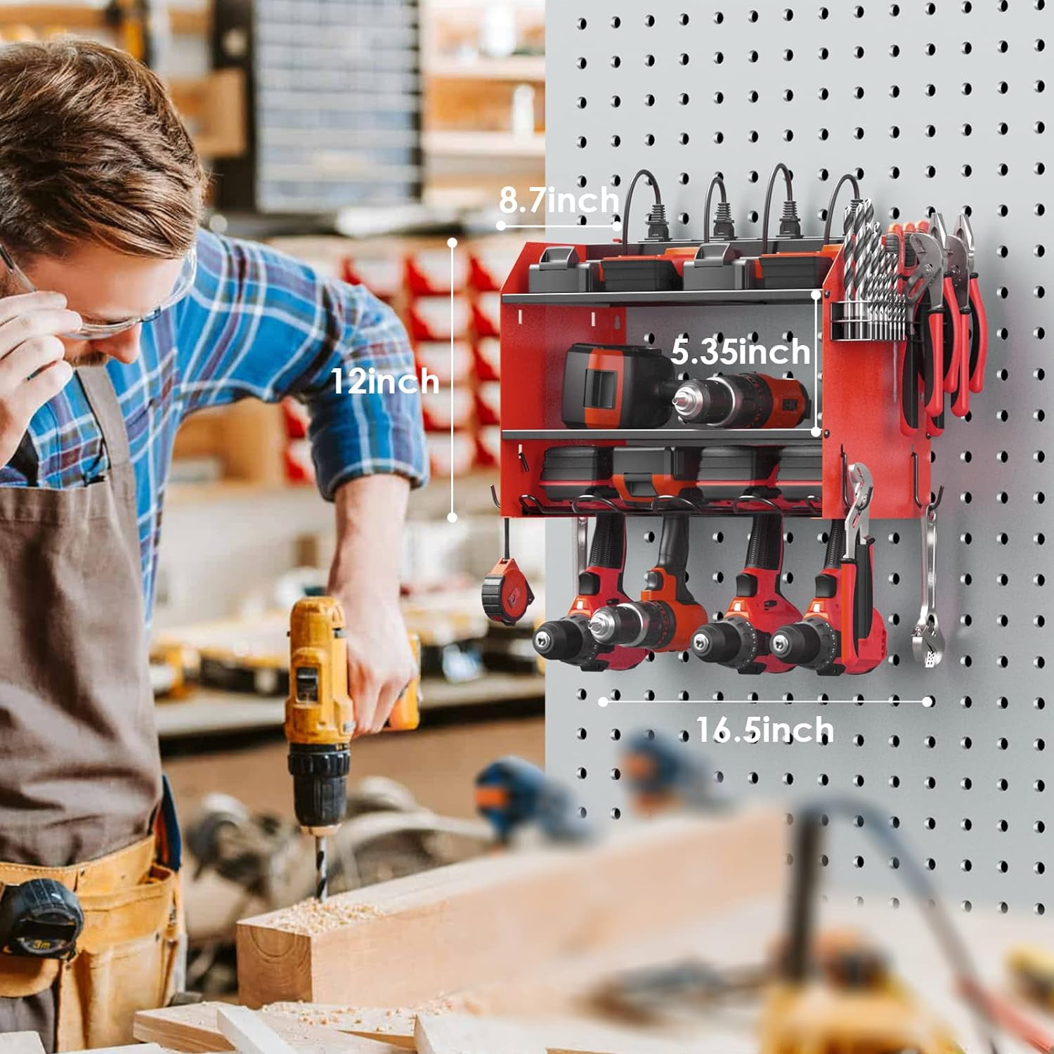 Heavy-Duty Power Tool Organizer Wall Mount With Charging Station - 4 Layer Rack For Garage, 190lb Capacity