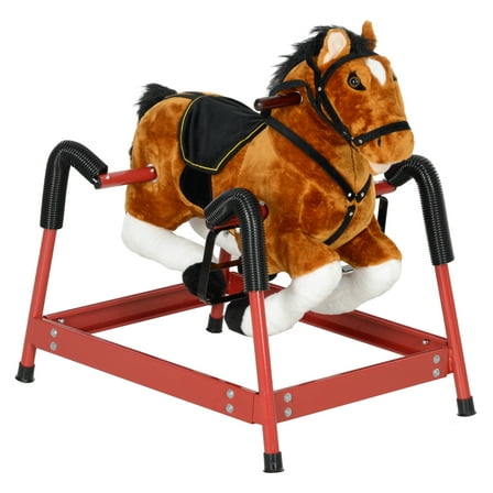 Qaba Spring Rocking Horse, Kids Ride on Horse, Plush Horse Ride-on with Sounds & Foot Stirrups, Saddle for Kids 3-8 Years, Brown