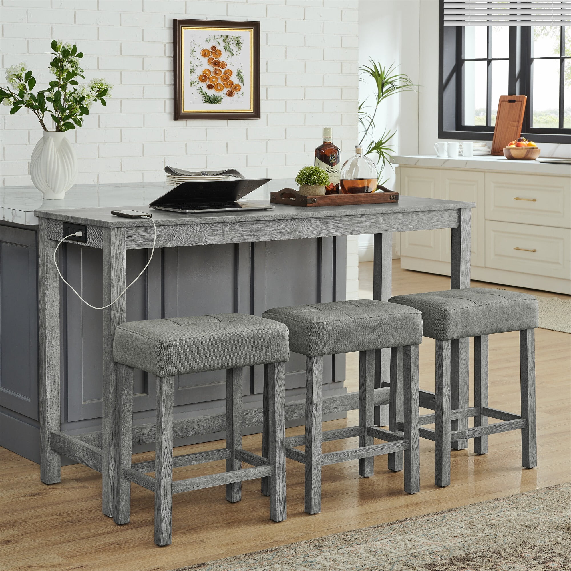 DEALTOPS 4-Piece Bar Table Set with Charging Station, 59" Counter Table with 3 Soft Stools for Small Space, Antique Gray