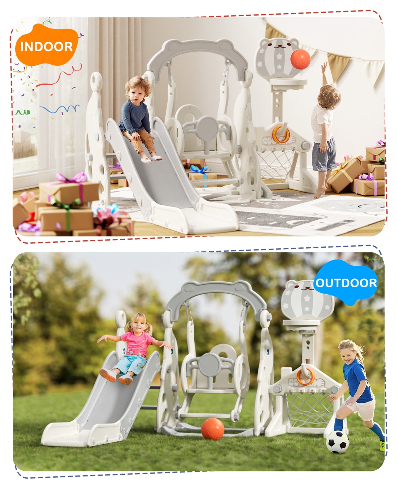 YUFU 6 In 1 Toddler Slide & Swing Set for Kids 1+ with Swing Football Basketball Ring Toss Indoor Outdoor Use