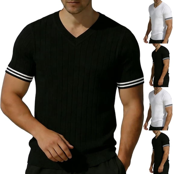 Men's V Neck Ribbed Knit Sweater, Breathable Striped Cuff Detail, Short Sleeve Knitwear for Business Casual Work and Smart Daily Wear, Sizes S-2XL White