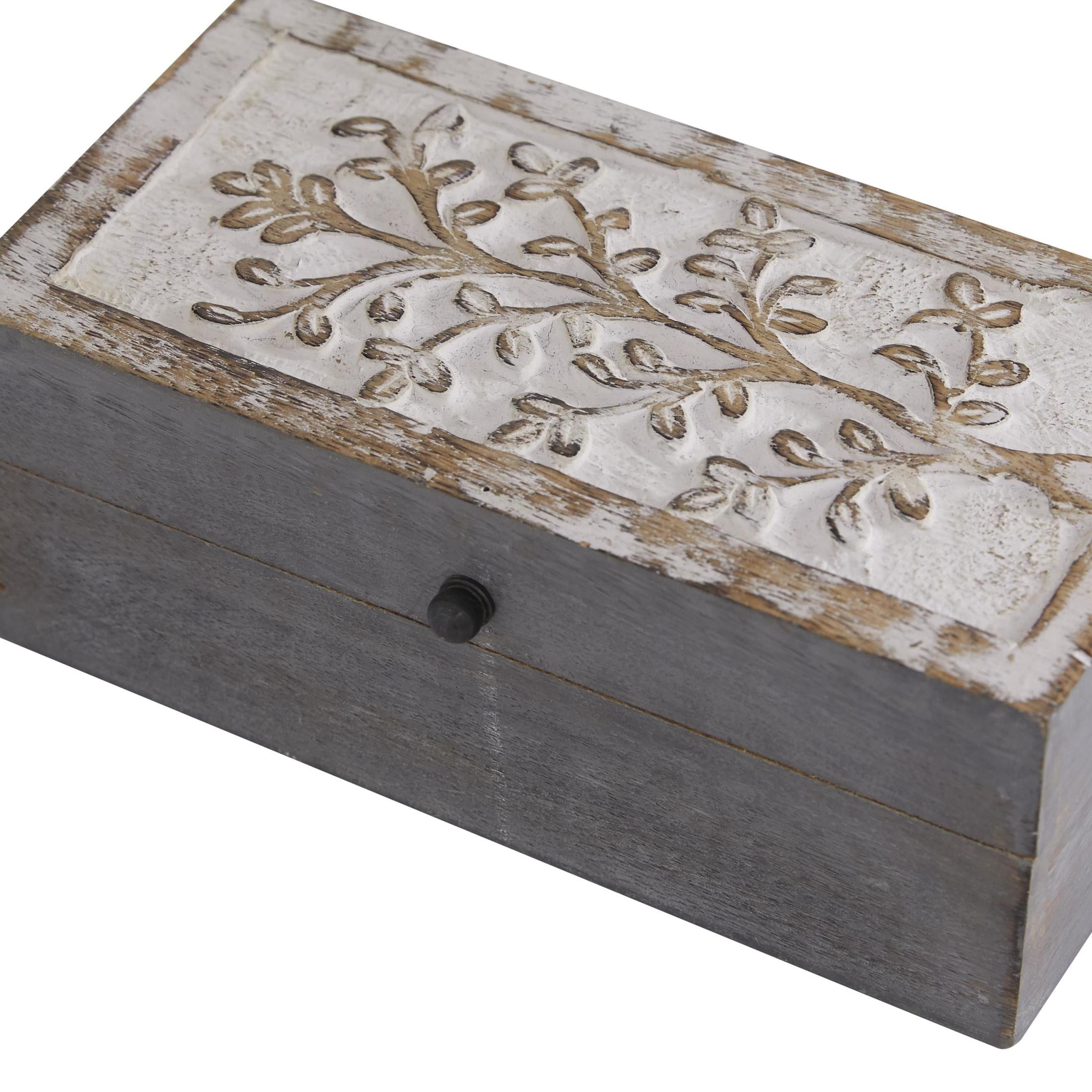 DecMode Floral Gray Wood Decorative Box with Hinged Lid, 3 Count