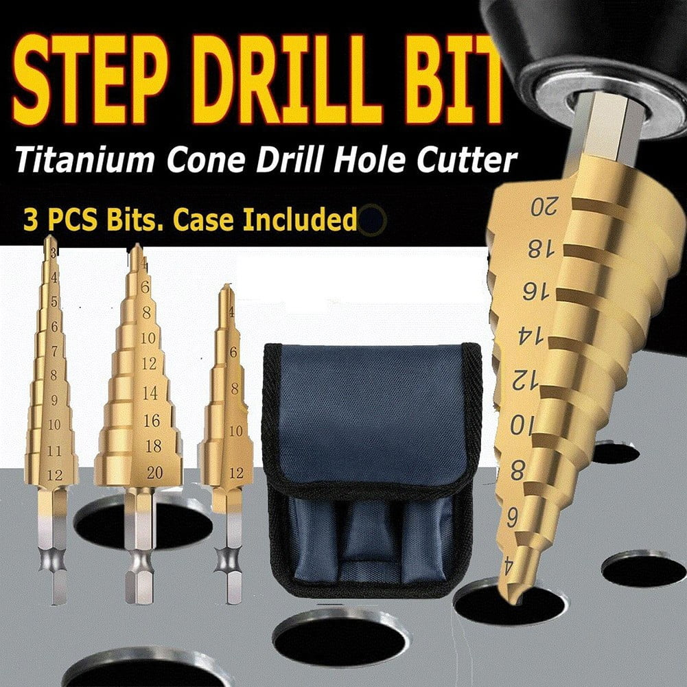 Pouch 3pcs HSS Step Cone Drill Titanium Steel Metal Hole Cutter Bit Set 4-20mm Pouch 3pcs HSS Step Cone Drill Titanium Steel Metal Hole Cutter Bit Set 4-20mm