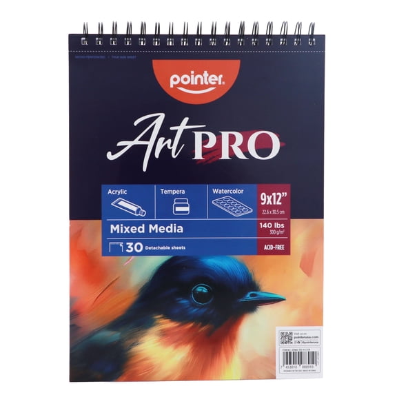 PPointer Art PRO Mixed Media Pad, 9 x 12 Inches, 140 lb (300 gsm), 30 Sheets, Spiral Bound, Acid‑Free