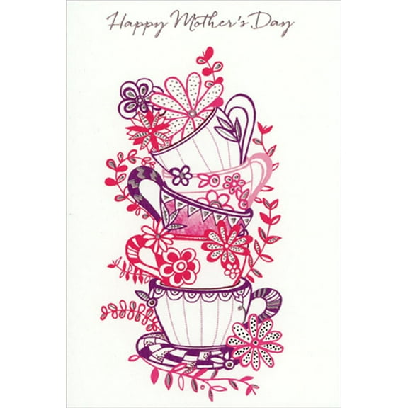 Pictura Stack of 5 Red and Purple Teacups Mother's Day Card
