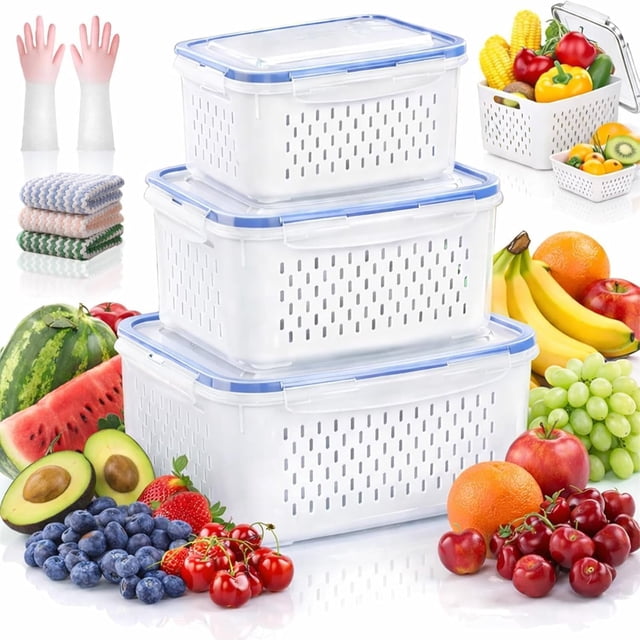 2026 New 4 in 1 Food Storage Containers with Lids, Fruit Storage Containers for Fridge with Removable Colander, Produce Keeper with Strainer Basket, Dishwasher & Microwave Safe (Blue)