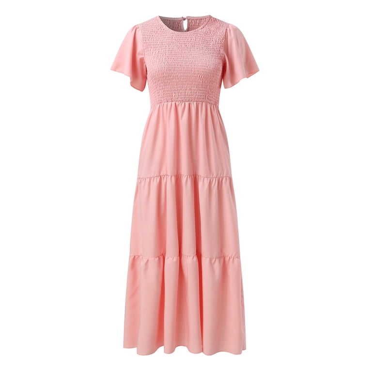 YUHAOTIN Gala Dress Women's 2024 Summer Casual Flutter Short Sleeve V Neck  Smocked Elastic Waist Tiered Midi Dress Dress for Women Boho Dress -  Walmart.com