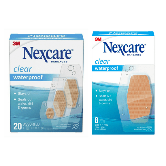 Nexcare Waterproof Clear Bandage Bundle, Assorted Sizes including Knee and Elbow, 28 Count Total
