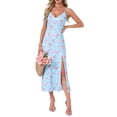 thumbnail image 2 of INSPIRE CHIC Women's Nightgown Chemise Floral Split Midi V Neck Bow Spaghetti Strap Cami Lingerie Pajama Dress M Blue with Pink Floral, 2 of 6