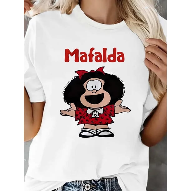 Camiseta informal de cuello redondo para mujer, de punto, de manga corta con estampado gráfico de Mafalda, ideal para todas las estaciones, ideal para practicar deporte.