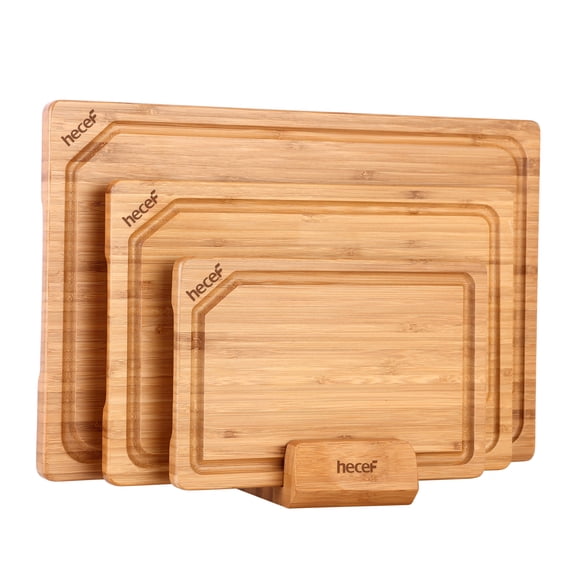 Hecef Carbonized Bamboo Cutting Board Set and Stand, 3 Reversible Chopping And Serving Boards, 15 inch