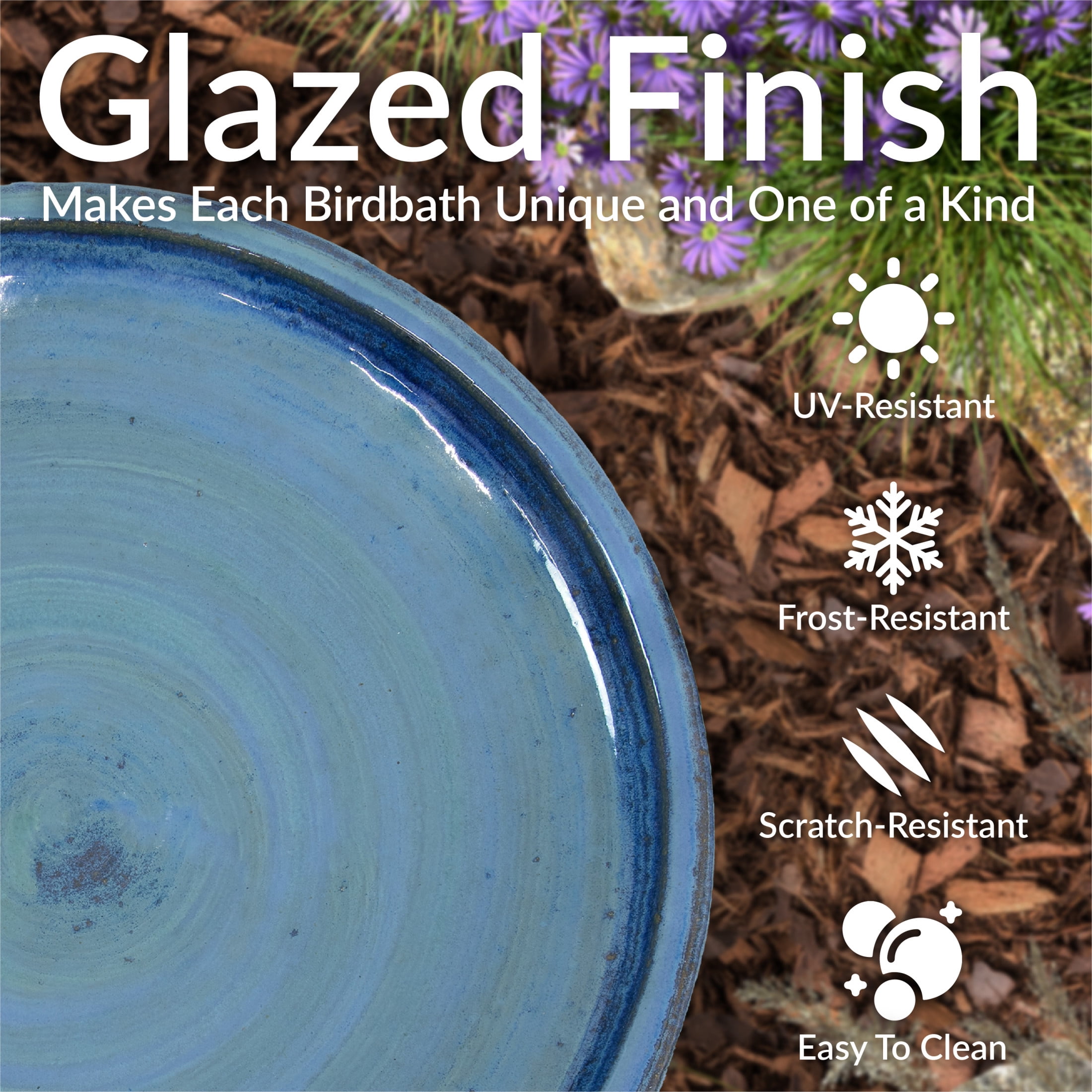 Sunnydaze Freestanding Ceramic Outdoor Bird Bath, Glazed, UV-Resistant Cloud Swirl Finish