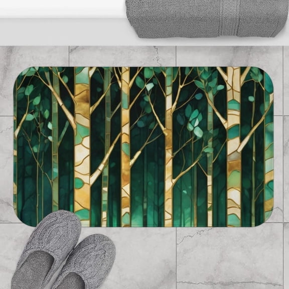 Green Birch Tree Forest Bath Mat Stained Glass Enchanted Wood Bathroom Decor Gold Trees Rug Mystical Art Deco Nature Lover Gift