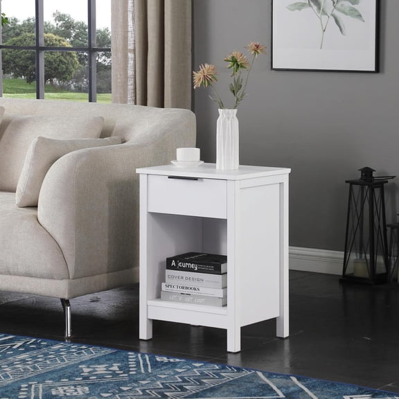 White Modern Nightstand with Storage Drawer and Open Shelf, 3-Tier Wooden End Side Table, Bedside Cabinet for Bedroom Living Room