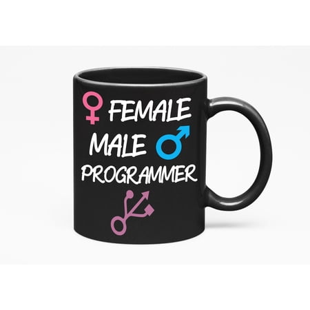 Female, Male & Programmer Symbols Humor, Black 11oz Ceramic Mug