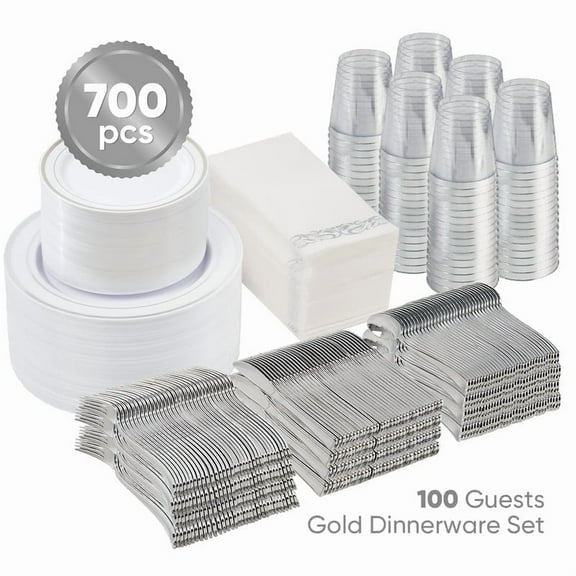 Hawsaiy 700PCS Silver Disposable Plates and Cups Set for 100 Guests, Plastic Dinnerware with Napkins for Wedding and Party