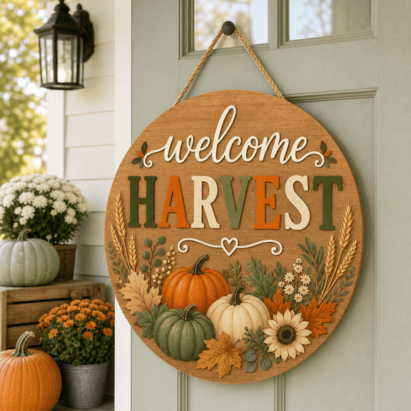 Harvest Pumpkin Welcome Round Wooden Door Sign for Farmhouse Porch Decor