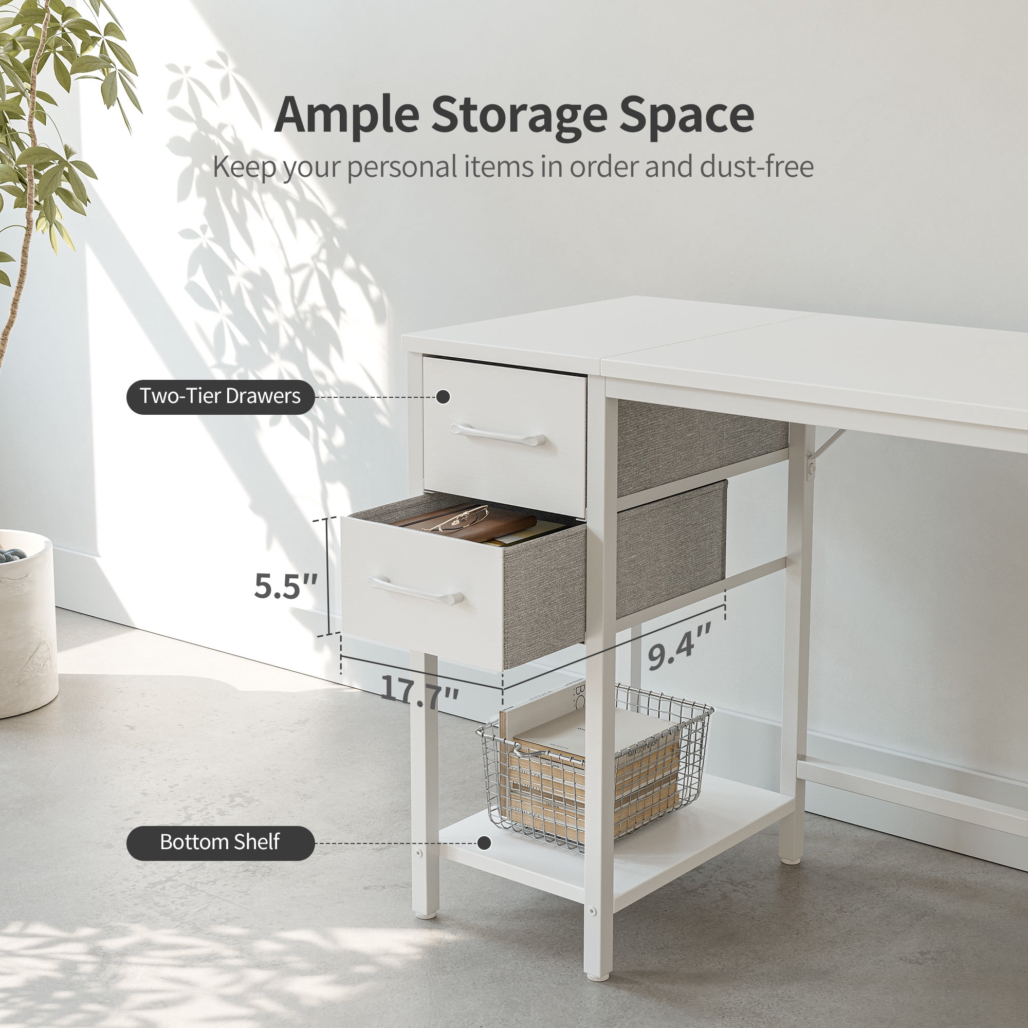 Banti 40" Modern Computer Desk with Drawers and Shelf, Reversible Storage, Small Study Table for Home Office, Bedroom or Dorm, White