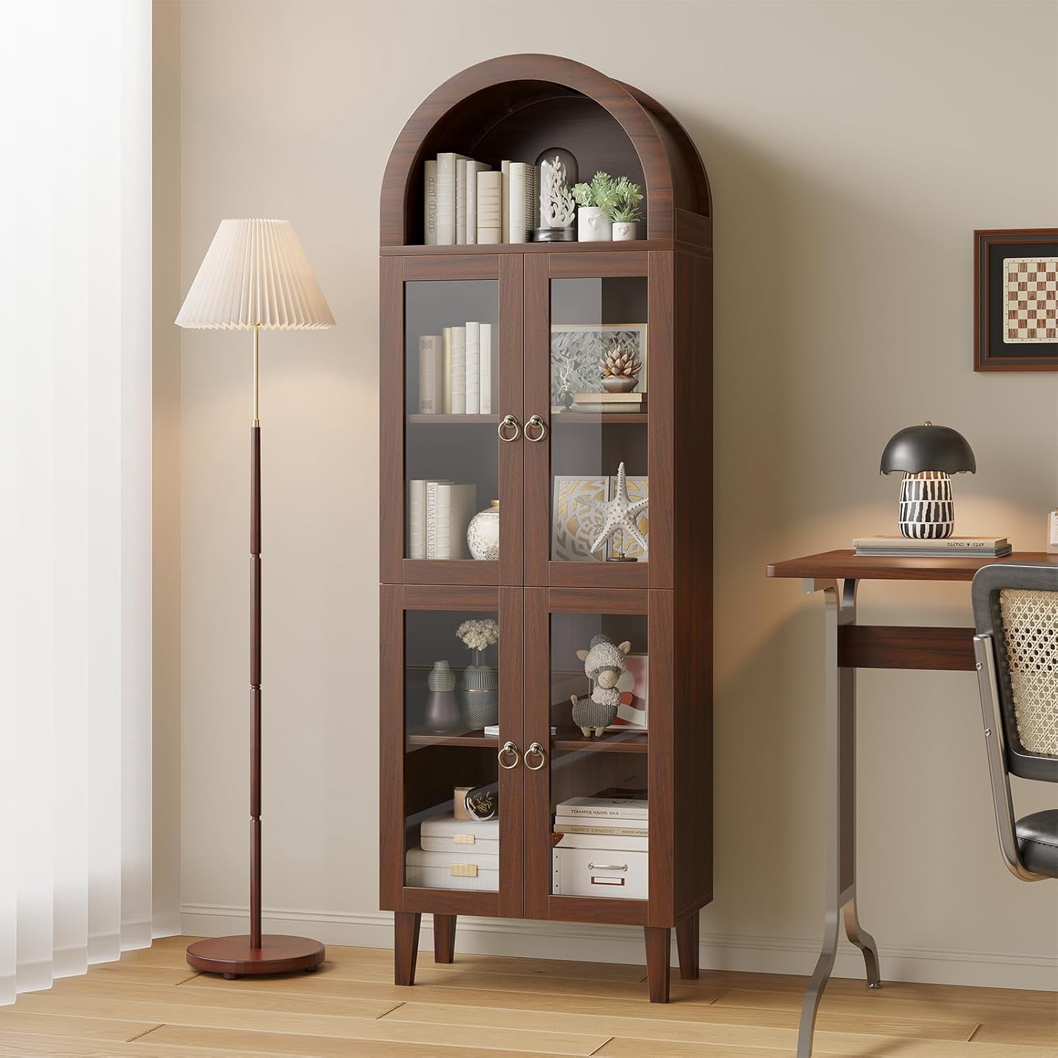 71" Tall Arched Cabinet with Acrylic Glass Door, Modern Curio Arched Bookcase, Display Cabinet Organizer, Kitchen Pantry with Top-Opening Storage Container for Living Dining Room, Brown